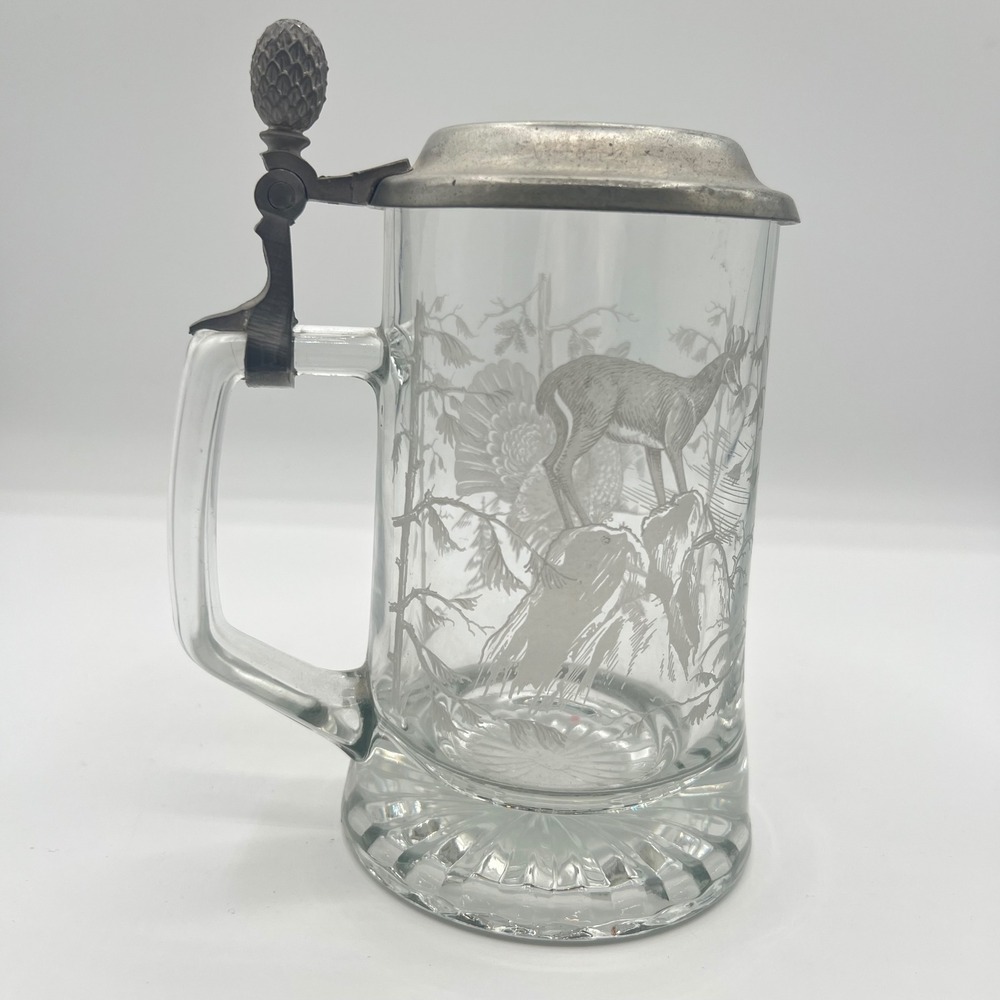 Vintage Regenhutte Etched Glass Beer Stein Deer Game Bird German‎ Style